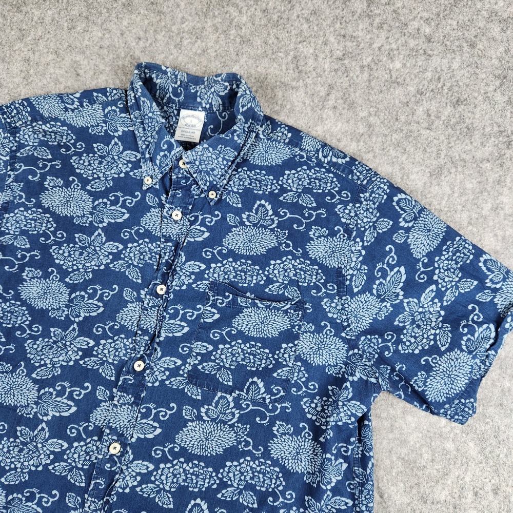 Brooks Brothers Shirt Men L Blue Floral Aloha Short Sleeve Button Down Casual
